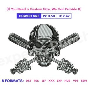 Embroidered Baseball Skull Design, Sports Embroidery Pattern