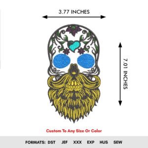 Man's Head Machine Embroidery Pattern - Day of the Dead Bearded Skull